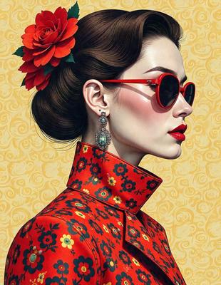 The primary subject of the image is a woman wearing a red dress and a red flower in her hair. She is wearing sunglasses and has a red lipstick on. The setting is a colorful background, which adds to the vibrant atmosphere of the scene. The visual style of the image is a combination of photo and digital art, creating a unique and eye-catching portrait. The colors and mood of the image are predominantly red, which gives it a bold and lively appearance.
